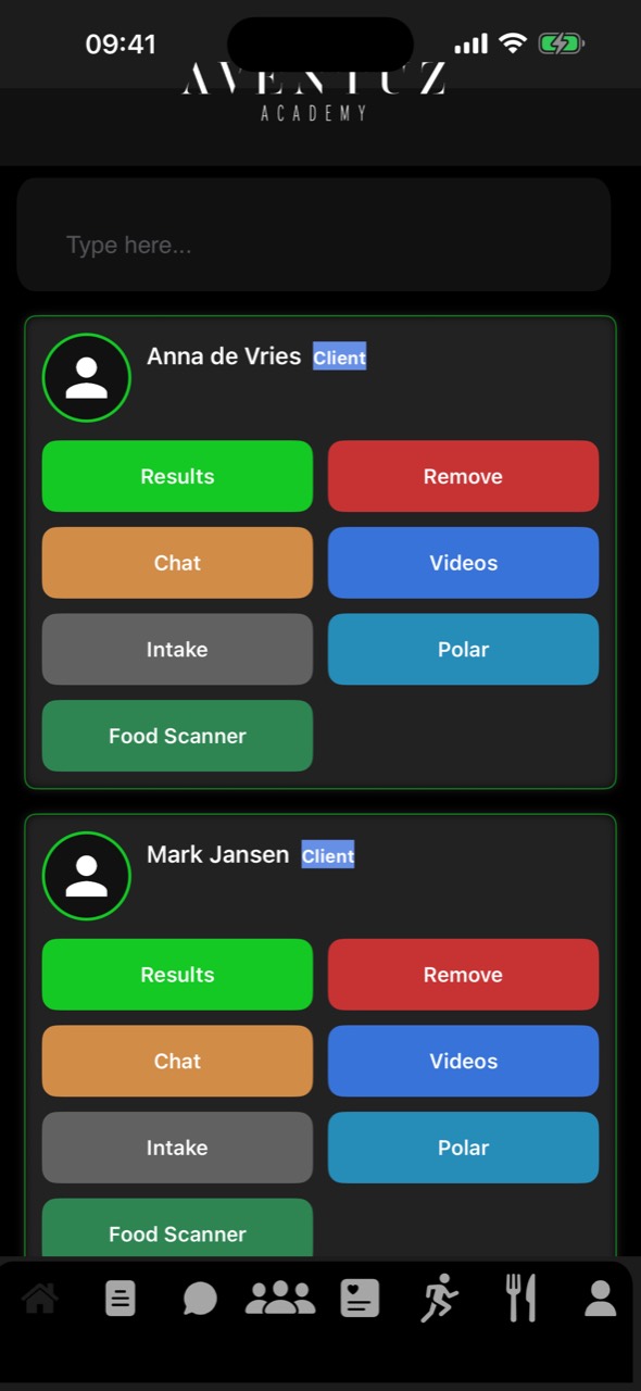 Aventuz Academy Coach app home screen showing client list